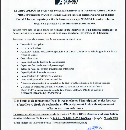 La Chaire UNESCO des Droits de la Personne Humaine et de la Démocratie de l’UAC au Benin, en partenariat avec la Fondation Konrad Adenauer, organise, le master recherche droits de la personne et de la démocratie